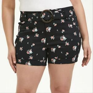 Torrid Black Pink Floral Mid Rise Stretch Sateen Belted Shorts Size 12